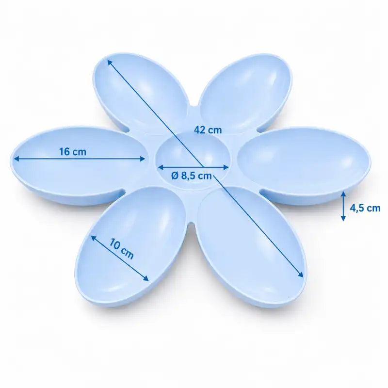 Gamelle fleur pour plusieurs chatons - Gaflora : modèle Bleu Céleste avec compartiments de 10 à 18 cm et centre de 8,5 cm pour portions variées - AstuceChat