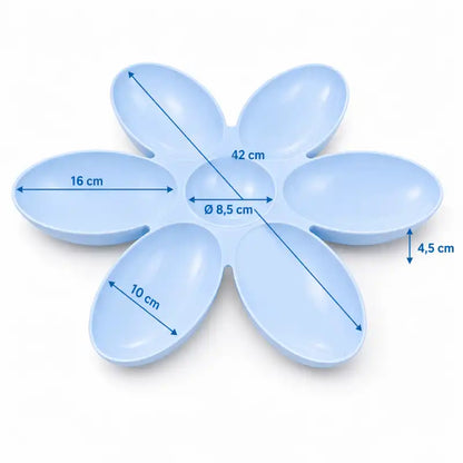 Gamelle fleur pour plusieurs chatons - Gaflora : modèle Bleu Céleste avec compartiments de 10 à 18 cm et centre de 8,5 cm pour portions variées - AstuceChat