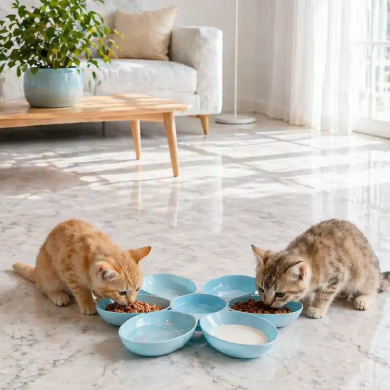 Gamelle fleur pour plusieurs chatons - Gaflora : modèle Bleu Céleste permettant à plusieurs chatons de manger en même temps sans gêne - AstuceChat