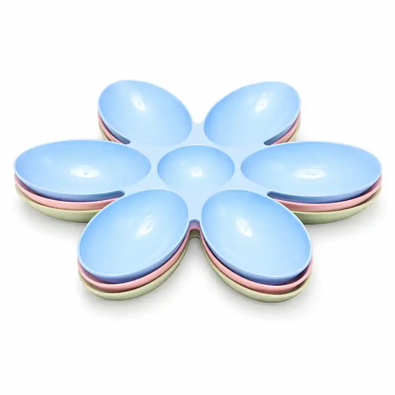 Gamelle fleur pour plusieurs chatons - Gaflora : modèles empilables vue 3 quart en Bleu Céleste, Vert Tilleul et Rose Poudré pour un rangement facile - AstuceChat