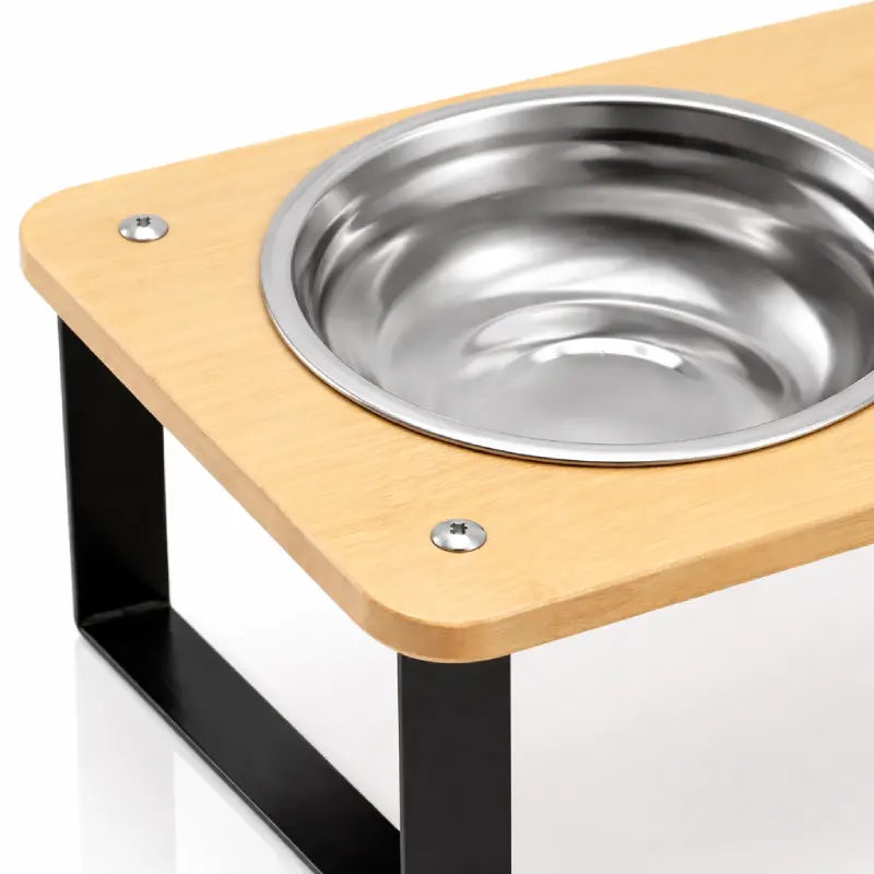Gamelle inclinée pour chat - Garéon : détail bol inox et bois - AstuceChat