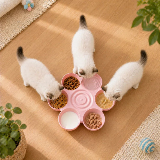 Gamelle pour chaton ergonomique - Garoue : chatons autour de la gamelle partagée - AstuceChat