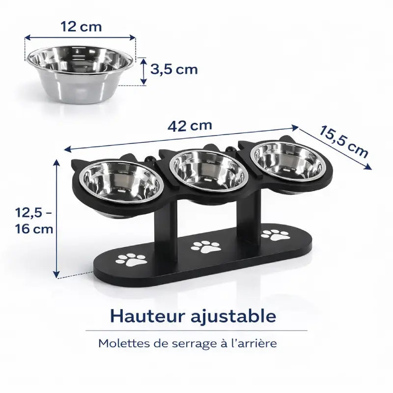 Gamelle triple pour chat - Gavion : dimensions hauteur ajustable - AstuceChat