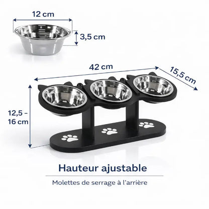 Gamelle triple pour chat - Gavion : dimensions hauteur ajustable - AstuceChat