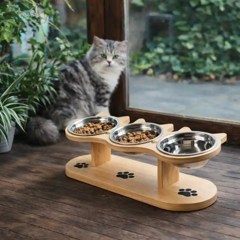 Gamelle triple pour chat - Gavion : lifestyle chat tigré modèle Bois Naturel - AstuceChat