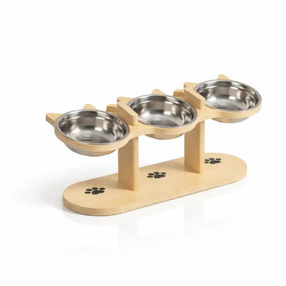 Gamelle triple pour chat - Gavion : vue produit Bois Naturel - AstuceChat
