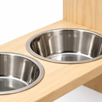 Gamelles chat fixation murale - Gavan : détail bols inox et bois - AstuceChat