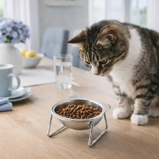 Gamelles pour chats - Galissor support incliné 15° avec croquettes en cuisine moderne - AstuceChat