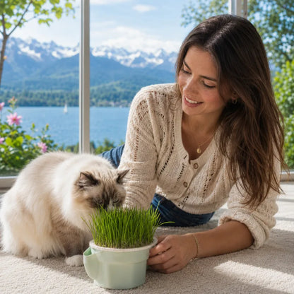 Herbe a chat en pot - Axpot : lifestyle chat et femme en intérieur - AstuceChat