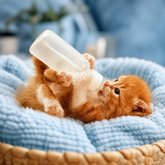 Kit biberon chaton - Nelora : chaton roux nourri au biberon dans un panier - AstuceChat