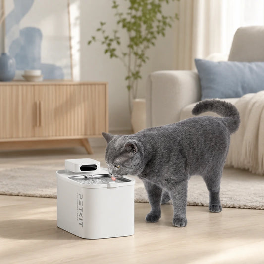 Petkit fontaine à eau - Eversweet Max : avec chat British Shorthair gris dans un intérieur moderne et minimaliste - AstuceChat