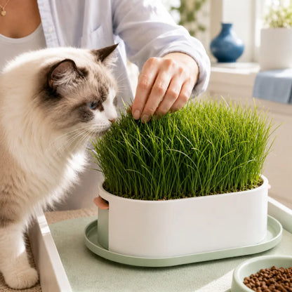 Plateau de germination - herbe à chat Axracine : chat et main près des jeunes pousses - AstuceChat