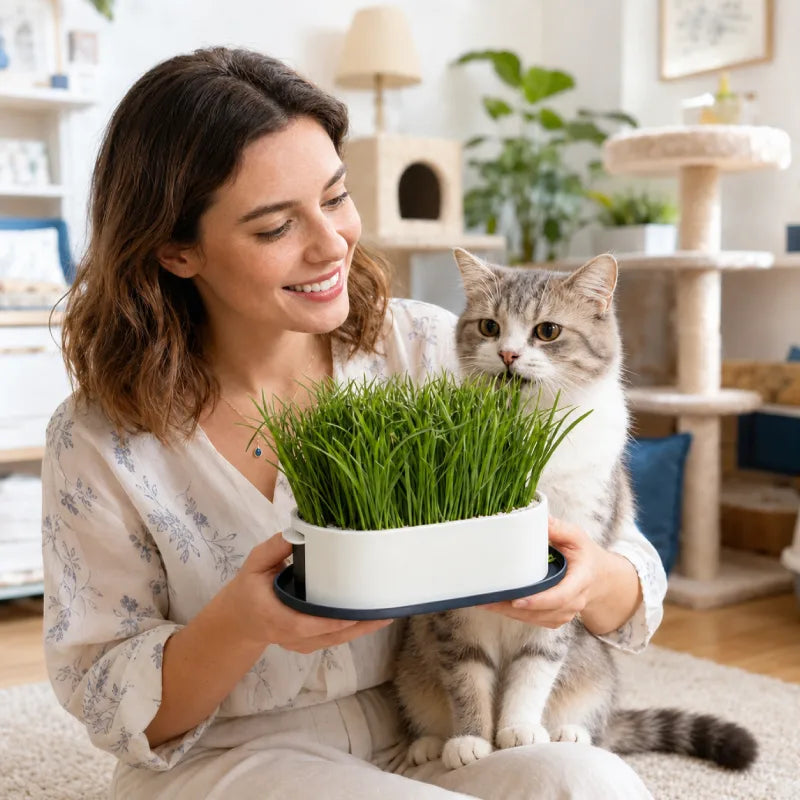 Plateau de germination - herbe à chat Axracine : femme avec chat en intérieur - AstuceChat