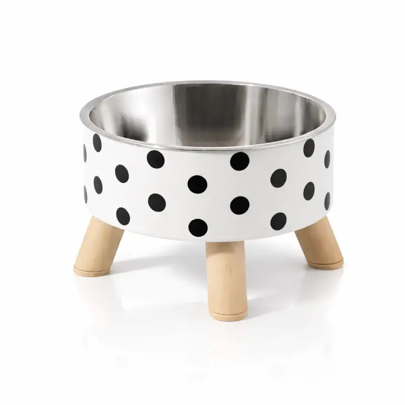 Pois ou Damier - Galéox : packshot fond blanc modèle à pois noirs avec bol inox et pieds en bois, AstuceChat