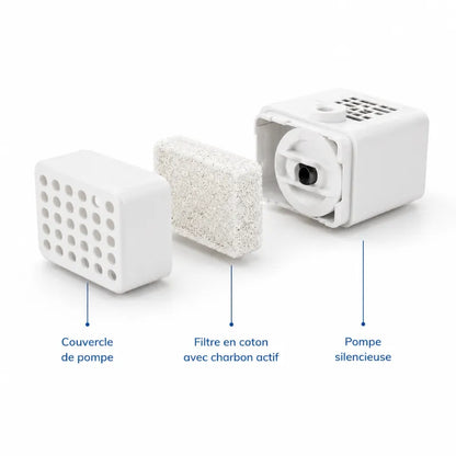 Pompe de remplacement pour fontaine à eau chat - Okeram : filtre charbon actif et pompe ouverte - AstuceChat