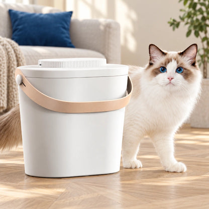 Seau croquette - Stami : modèle fermé près d’un Ragdoll dans le salon - AstuceChat