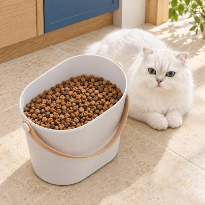 Seau croquette - Stami : réserve ouverte avec croquettes près d’un chat blanc - AstuceChat