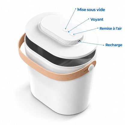 Seau croquette - Stami : schéma des commandes, du voyant et du port de recharge - AstuceChat