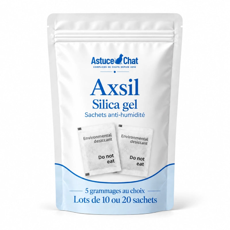 Silica gel - Axsil : présentation des sachets anti-humidité sur une pochette blanche et bleue - AstuceChat