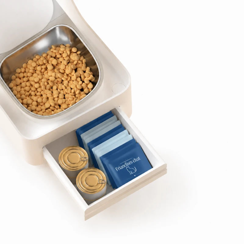 Socle Rojeco pour chat : tiroir avec friandise pour chat et sachets - AstuceChat